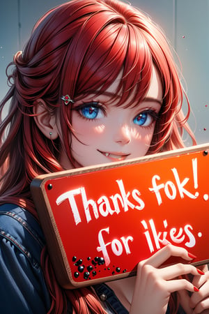 Very beautiful girl holding a board with text (("Thanks for 1K likes!")) text, illustration, detailed, realistic, UHD, beautiful detailed eyes, beautiful detailed, Warmly smile.,Text,Ink art, long_hair,red_hair