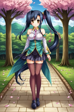 kan'u \(koihime musou\),kan'u,full-body_portrait,glitter,porcelain_art,Dragon, (sakura trees in the background), sakura_petals blowing in the wind