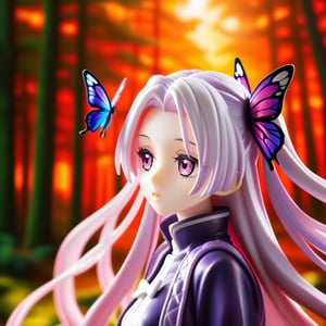 anime, anime style, niji6 style, by nijijourney, anime, anime style, niji6 style, by nijijourney, red theme, anime, anime style, niji6 style, by nijijourney, 1girl, solo, hair ornament, twintails, demon slayer uniform, butterfly hair ornament, butterfly, bug, blurry, japanese clothes, blurry background, portrait, pink eyes, parted lips, from side, white hair, red hair, haori, eyelashes, looking up, upper body, white butterfly, parted bangs, jacket, depth of field, nature, outdoors, sidelocks, purple butterfly, forest, red eyes, floating hair, expressionless, hair intakes, gradient hair, pink hair, purple eyes, very long hair, multicolored hair, sunlight, animification, anime coloring, fake screenshot, screencap, anime screencap, twilight, detailed eyes, ambient light, thick eyelashes, diamond, dark night, dark deep, sparkling, masterpiece, best quality, highres, 4k, 8k, intricate detail, cinematic lighting, amazing quality, amazing shading, film grain, blurry foreground, vignetting chiaroscuro, chromatic aberration, backlighting, global illumination, drop shadow, detailed illustration, anime style, wallpaper, animification, anime coloring, fake screenshot, screencap, anime screencap, score_9_up, score_8_up,score_7_up,3D,PVC Style