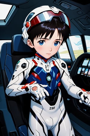 A shot of a tender moment, with soft focus and warm lighting. The camera pans down to reveal a tiny Shinji Ikari, no more than 12 months old, nestled comfortably within the Evangelion-01's cockpit. His miniature plugsuit is adorned with intricate details, while his diaper remains spotless despite the chaotic atmosphere. The baby's eyes, shining bright with curiosity, peek out from beneath the helmet's visor as he grasps a toy or controller in his chubby hands.