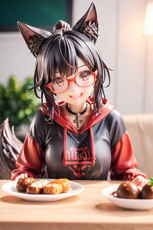 //quality, masterpiece:1.4, detailed:1.4, ,best quality:1.4, //, 1girl, cute,solo,Tekeli,//,black fox ears,animal ear fluff,black fox tail,sidelocks,black hair,red inner hair,short ponytail,red eyes,//, fashion,red_glasses,cross_necklace, hoodies,hood down,//,blush,happy,smile, drooling,:D,(straight-on), looking down, sitting,//,ink paint, bright lights and colors, indoor, restaurant,beef steak, dishes of beef steak,detailed beef steak,pov beef steak,score_9,score_8_up,score_7_up,3D