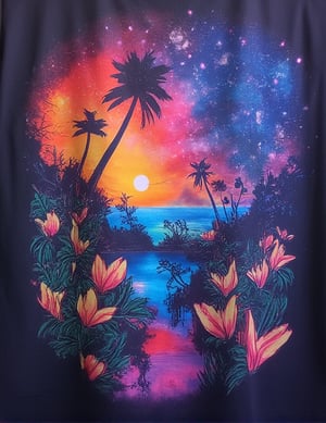 T_shirt,Design(magical planet where everything is vibrant and full of colors where bright trees and flowers)