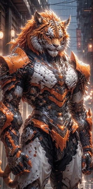 solo, long hair, looking at viewer, 1lion, animal ears, male focus, orange hair, armor, blurry, muscular, feet out of frame, scar, pectorals, muscular male, shoulder white armor, bara, pelvic curtain, furry, clenched hands, large pectorals, rain, furry male, tiger ears, lion boy, orange fur, mechanical arms, (mechanical_claws)