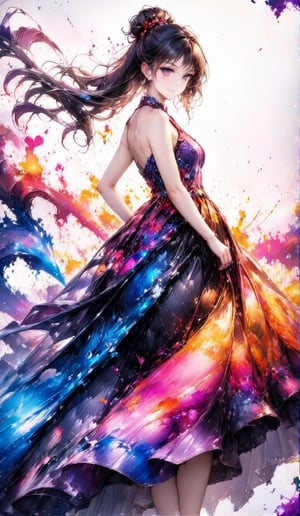 A very beautiful anime girl dressing a elegant dress, her dress is made by ink, looking at viewer, radiant gaze, (front view), upper body, close up, ink brushstrokes in background mastepiece quality, stunning image, colorful, Ink art style.,3D,PVC,vibrant_colors,high_resolution