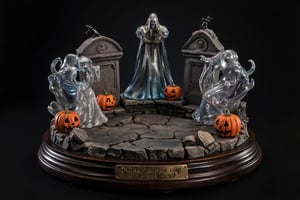  A super-realistic figure, multiple transparent spirits floating around multiple cracked tombstones surrounded by jack-o'-lanterns. The scene takes place on a polished ebony base with a brass nameplate. The nameplate at the feet reads "Did it get cold all of a sudden?", made of Resin.,a 3D rendering of a figurine 