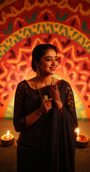 A mature woman in a glittery saree, elegant and cool, with a melting expression, wearing accessories, braided hair, and shoes, standing in front of warm glow of an oil lamp on the night of Diwali. The shot is framed mid-length, with soft lighting highlighting her saree and accessories, Her bright smile radiates warmth, as she stands with hands cupped around her face,. She is surrounded by a vibrant, colorful rangoli design on the ground behind her, with small candles glowing all around, enhancing the festive atmosphere. Her hands are adorned with detailed mehendi (henna art), and she wears glittering gold jewelry, including large earrings that reflect the soft light. Her dark-toned skin glows with the interplay of light and shadow, creating a mystical, romantic ambiance,dEwI_pRssK