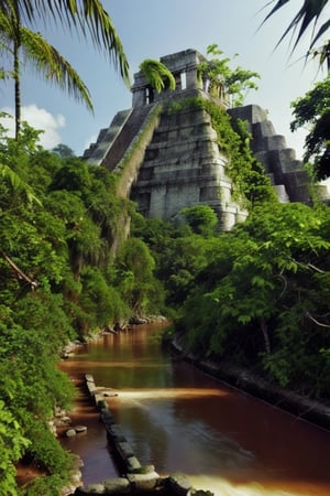 high definition, tropical jungle, palm trees, Mayan ruins covered in vegetation, a river running through the jungle.