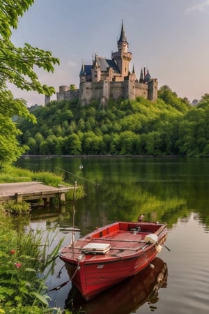 high definition, lake, crystal clear water, old castle background, lots of vegetation, fishing boat near the castle
