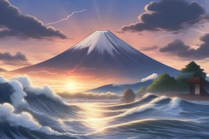 mont fuji, wave, storm, some light passing the cloud, sunrise, anime


