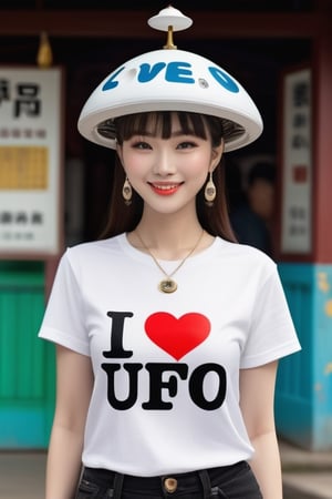 (( full body shot )) , A 18 relay-old girl, Chinese, pale skin, hat , earrings, necklaces, art photo, happy smile, bangs, (( ultra detailed skin )), her white t-shirt has (text "I Love UFO") printed on it.