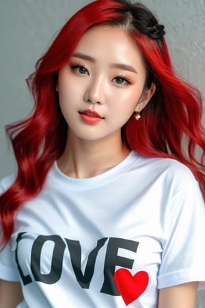 ((extremely realistic photo)), aesthetic portrait  , dreamatic lighting , Hand-drawn style visual effects , professional photo, (( full body shot:1.4)) ,  a korea beauty angel ,  | black+red hair | , braid , white t shirt , red short pants , castle ,  there is a text:love printed on her t shirt  , 