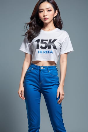 ((extremely realistic photo)), professional photo, a korea beauty , | brown black white hair | , white t shirt , blue pants , there is  text:15K on her t shirt  , (( full body shot:1.4))