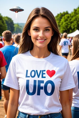 a 18 relay-old girl , her white t-shirt has (text "LOVE UFO") printed on it.