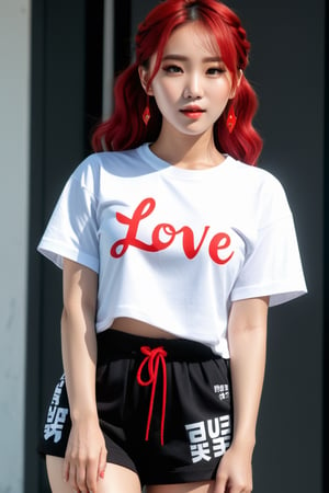 ((extremely realistic photo)), aesthetic portrait  , dreamatic lighting , Hand-drawn style visual effects , professional photo, (( full body shot:1.4)) ,  a korea beauty angel ,  | black+red hair | , braid , white t shirt , red short pants , castle ,  there is a text:love printed on her t shirt  , 