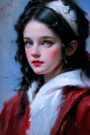 Girl, blue eyes, black hair, red coat, blue background, combination of oil painting and realistic style, masterpiece