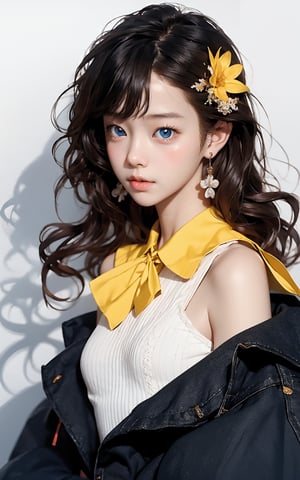 Masterpiece, best quality, official art, highly realistic, (masterpiece), (best quality), (1 girl), black big eyes, bangs, (powder blusher), shoulder length hair, yellow hair, flower hair clips, (blue sweater, shirt collar), small chest, pink shoulder bag, Upper body close-up with white background,Daofa Rune,Fashion Style