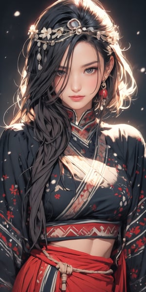 4k,best quality,masterpiece,20yo 1girl,(traditional Korean costume, alluring smile, head ornaments 

(Beautiful and detailed eyes),
Detailed face, detailed eyes, double eyelids ,thin face, real hands, muscular fit body, semi visible abs, ((short hair with long locks:1.2)), black hair, black background,


real person, color splash style photo,
