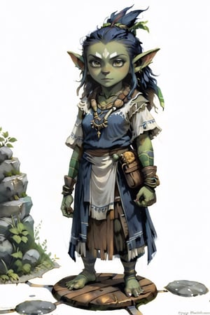portrait of greenskin short female goblin shaman with navy and honey painted wearing wooden clothes standing on wooden planks on round stone pavement, close shot (CS), standing, looking straight, | (white background:1.2), simple background |, medieval, pastel muted colors, digital art, 8K resolution, ultra quality, Watercolor, trending on artstation, intricate details, highly detailed, greg rutkowski