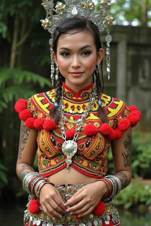 
The full body image depicts a beautiful woman with tidy pulled back braided hair wearing a traditional IbanAttireXmiya from Borneo, characterized by intricate craftsmanship and vibrant colors. She dons a silver, floral-adorned headpiece known as a "Sugu Tinggi," symbolizing beauty and prestige. Her beaded top, called "Baju Marik Empang," is detailed with yellow, red, and black geometric patterns, accented by red pom-poms along the edges, showcasing the Iban's beadwork artistry. Around her waist is a belt made of gold or brass coins, adding an element of opulence, while her arms are adorned with multiple bangles, enhancing the ceremonial elegance. The woman is short in stature yet busty and sexy. Her makeup is simple and light. Traditional tribal tattoos on both of her arm.
perfect anotomy perfect hand.beautiful fingers .perfect image model.,WeeM, QTGIRLREAL