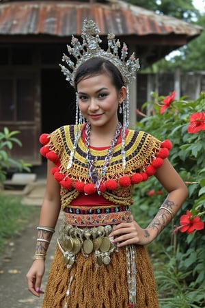 A professional photoshoot depicts a beautiful Malay woman wearing a traditional IbanAttireXmiya from Borneo, characterized by intricate craftsmanship and vibrant colors. She dons a silver, floral-adorned headpiece known as a "Sugu Tinggi," symbolizing beauty and prestige. Her hair is also breaded with the same silver and floral ornaments as the headpiece. Her beaded top, called "Baju Marik Empang," is detailed with yellow, red, and black geometric patterns, accented by red pom-poms along the edges, showcasing the Iban's beadwork artistry. Around her waist is a belt made of gold or brass coins, adding an element of opulence, while her arms are adorned with multiple bangles, enhancing the ceremonial elegance. The woman is short in stature yet busty and sexy. Her skin is of almond brown color with traditional tribal tattoos on both of her arm. The backdrop is a rustic and worn wooden house, known as Rumah Kampung, set in a Kampung Melayu village. The house features a worn zinc roof and a wood fence. Hibiscus plants line the pathway leading to the house, adding vibrant color. 
perfect anotomy perfect hand.beautiful fingers .perfect image model.,WeeM,FluxBoost,RumahKampung.hanna