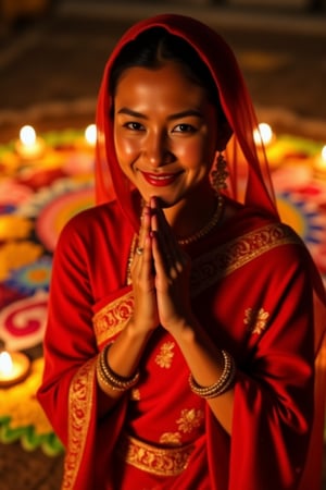 A hyperrealistic photograph of a beautiful Asian Malay woman wearing a red sari with intricate gold embroidery and a matching red hijab with an inner layer, standing in the warm glow of an oil lamp on the night of Diwali. Her bright smile radiates warmth, as she stands with hands cupped around her face,. She is surrounded by a vibrant, colorful rangoli design on the ground behind her, with small candles glowing all around, enhancing the festive atmosphere. Her hands are adorned with detailed mehendi (henna art), and she wears glittering gold jewelry, including large earrings that reflect the soft light. Her dark-toned skin glows with the interplay of light and shadow, creating a mystical, romantic ambiance., Deepavali_Asian_Woman
,luh