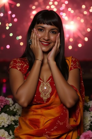 a beautiful Indian woman, dressed in a traditional red and gold saree, adorned with a gold headband. Her hair is long flowing black, adding a touch of beauty to her outfit. She is seated in front of a backdrop of white and pink flowers, her hair cascades down to her shoulders. The saree is adorned in a vibrant red and yellow pattern, with a matching gold embroidery in the center of her chest. Her bangs are adorned with silver rings, adding contrast to her attire. against a kaleidoscope backdrop of fireworks illuminating the night sky. Her bright smile radiates warmth, as she stands with hands cupped around her face, mesmerized by the twinkling lights and colorful explosions, Hasselblad 503CW with infrared film, low exposure, high contrast, ISO 400 (pushed to 800), with a 150mm telephoto lens,luh