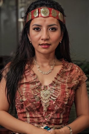 cinematic photo cinematic film still m3d4n,solo,full body photo of the most beautiful woman in the world wearing the m3d4n,necklace, jewelry,dress, red fabric, earrings, bracelet, ring, headband,  . shallow depth of field, vignette, highly detailed, high budget Hollywood movie, bokeh, cinemascope, moody, epic, gorgeous, film grain, grainy . 35mm photograph, film, bokeh, professional, 4k, highly detailed,med4n,photorealistic,FiveVi