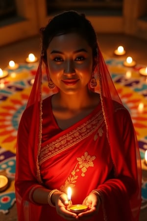 A hyperrealistic photograph of a beautiful Asian Malay woman wearing a red sari with intricate gold embroidery and a matching red hijab with an inner layer, standing in the warm glow of an oil lamp on the night of Diwali. Her bright smile radiates warmth, as she stands with hands cupped around her face,. She is surrounded by a vibrant, colorful rangoli design on the ground behind her, with small candles glowing all around, enhancing the festive atmosphere. Her hands are adorned with detailed mehendi (henna art), and she wears glittering gold jewelry, including large earrings that reflect the soft light. Her dark-toned skin glows with the interplay of light and shadow, creating a mystical, romantic ambiance., Deepavali_Asian_Woman
,luh