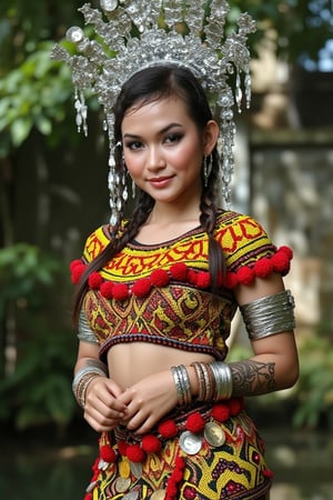 
The full body image depicts a beautiful woman with tidy pulled back braided hair wearing a traditional IbanAttireXmiya from Borneo, characterized by intricate craftsmanship and vibrant colors. She dons a silver, floral-adorned headpiece known as a "Sugu Tinggi," symbolizing beauty and prestige. Her beaded top, called "Baju Marik Empang," is detailed with yellow, red, and black geometric patterns, accented by red pom-poms along the edges, showcasing the Iban's beadwork artistry. Around her waist is a belt made of gold or brass coins, adding an element of opulence, while her arms are adorned with multiple bangles, enhancing the ceremonial elegance. The woman is short in stature yet busty and sexy. Her makeup is simple and light. Traditional tribal tattoos on both of her arm.
perfect anotomy perfect hand.beautiful fingers .perfect image model.,WeeM, QTGIRLREAL