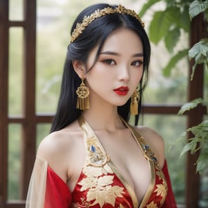 1girl, solo, long hair, breasts, looking at viewer, sapphire eyes, black hair, hair accessory, translucent gold dress, cleavage,jewelry, medium breasts, collarbone, upper body, earrings, outdoors, translucent gold dress, blur , lips, belt, window, background materialization, halter neck, Hanfu, plants, tassels, cross halter neck, red lips, WeChat, no teeth