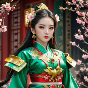 1girl, Solo, Peach Blossom Eyes, Golden Phoenix Pattern Tang Suit, Best Quality, Masterpiece, Classical, Realistic, Super Detailed, Photo Realistic, Enhanced Picture Quality, Long Hair, Looking at the Viewer, Hair Accessory, Black Hair, Jewelry, Collarbone, Earrings , modern background, lips, belt, red lips, Chinese women,Green Crystal Mecha