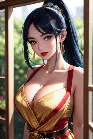 1girl, solo, high ponytail, looking at viewer, sapphire eyes, blue hair, hair accessory, , cleavage,jewellery, large breasts, collarbone, upper body, earrings, outdoors, transparent gold dress, blurred, lips, belt, window , background materialization, transparent golden Hanfu, plants, tassels, red lips, WeChat, no teeth
