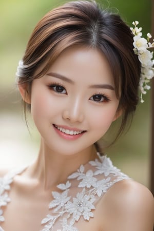 A stunning photo of a Japanese girl! Her fair skin has a subtle glow, and the soft focus is on her eyes, drawing attention to her extreme beauty, with long eyelashes that seem to flutter with every blink. A sweet smile graces her lips, revealing perfectly neat and white teeth. The overall effect is one of sophistication and elegance, as if frozen in a moment of quiet contemplation.