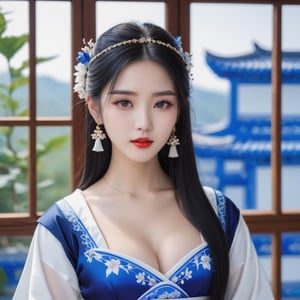 1girl, solo, long hair, looking at viewer, sapphire eyes, black hair, hair accessory, , cleavage, jewelry, medium breasts, collarbone, upper body, earrings, outdoors, transparent blue and white porcelain color dress, blurred, lips, belt, window , background materialization, transparent blue and white porcelain color Hanfu, plants, tassels, red lips, WeChat, no teeth
