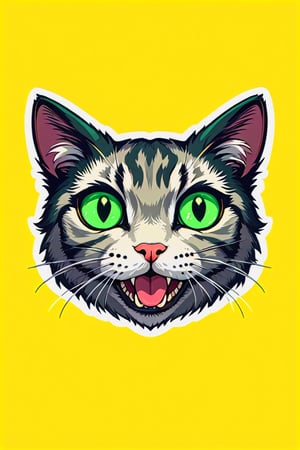 solo, looking at viewer, open mouth, simple background, green eyes, teeth, tongue, tongue out, no humans, animal, cat, bug, yellow background, colored sclera, outline, animal focus, whiskers,AiArtV