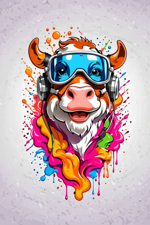 (best quality, 4k, 8k, highres, masterpiece:1.2), ultra-detailed,T-shirt design,illustration, a cow wearing a helmet and goggles with paint splatters on it's face