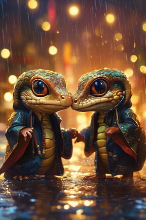 Hyper-detailed  painting, Jean-Baptiste Monge style, a gang of cute little snakes gathered in the rain  under an single black long raincoat, splash, glittering, cute and adorable, filigree, lights, fluffy, magic, surreal, fantasy, digital art, ultra hd, hyper-realistic illustration, vivid colors,  UHD, cinematic perfect light,greg rutkowski