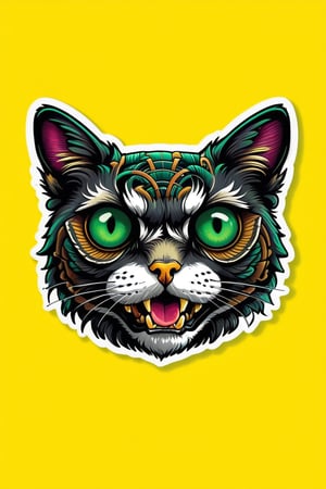 solo, looking at viewer, open mouth, simple background, green eyes, teeth, tongue, tongue out, no humans, animal, cat, bug, yellow background, colored sclera, outline, animal focus, whiskers, Illustration style, print ready vector t-shirt design, SCARY skull owl illustration, DIGITAL PAINTING, professional vector, high detail, t-shirt design, graffiti, bright COLORS, highly detailed, pen and ink bold drawing, perfect composition, beautiful detail , intricate, highly detailed, cartoon type, comic book, STEAMPUNK ART, SPLASH PAINT ART, celtic medieval art,Leonardo Style