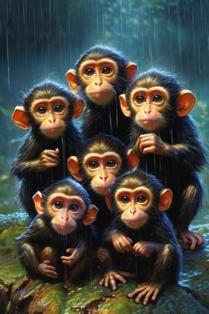 Hyper-detailed  painting, Jean-Baptiste Monge style, a gang of cute little monkeys gathered in the rain  under an single black long raincoat, splash, glittering, cute and adorable, filigree, lights, fluffy, magic, surreal, fantasy, digital art, ultra hd, hyper-realistic illustration, vivid colors,  UHD, cinematic perfect light,greg rutkowski