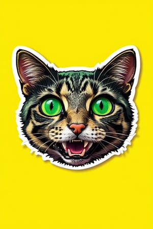 solo, looking at viewer, open mouth, simple background, green eyes, teeth, tongue, tongue out, no humans, animal, cat, bug, yellow background, colored sclera, outline, animal focus, whiskers