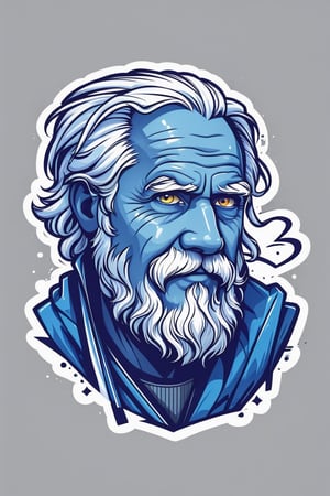 solo, long hair, looking at viewer, simple background, 1boy, white hair, male focus, pointy ears, grey background, glowing, colored skin, facial hair, portrait, beard, mustache, blue skin, old, old man, wrinkled skin, professional vector, high detail, t-shirt design, graffiti, illustration