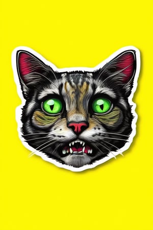 solo, looking at viewer, open mouth, simple background, green eyes, teeth, tongue, tongue out, no humans, animal, cat, bug, yellow background, colored sclera, outline, animal focus, whiskers,AiArtV