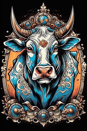 COW DETAILED LINE, Illustration style, print ready vector t-shirt design, SCARY cow illustration, DIGITAL PAINTING, professional vector, high detail, t-shirt design, graffiti, bright COLORS, highly detailed, pen and ink bold drawing, perfect composition, beautiful detail , intricate, highly detailed, cartoon type, comic book, STEAMPUNK ART, SPLASH PAINT ART, celtic medieval art