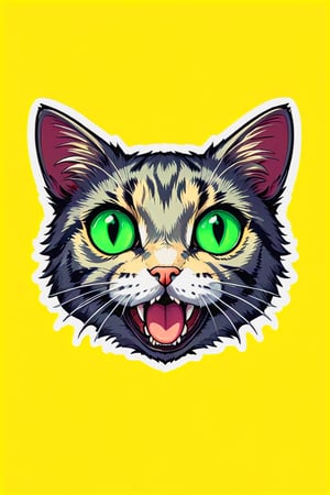 solo, looking at viewer, open mouth, simple background, green eyes, teeth, tongue, tongue out, no humans, animal, cat, bug, yellow background, colored sclera, outline, animal focus, whiskers,AiArtV