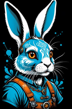 RABBIT DETAILED LINE, Illustration style, print ready vector t-shirt design, SCARY rabbit illustration, DIGITAL PAINTING, professional vector, high detail, t-shirt design, graffiti, bright COLORS, highly detailed, pen and ink bold drawing, perfect composition, beautiful detail , intricate, highly detailed, cartoon type, comic book, STEAMPUNK ART, SPLASH PAINT ART, celtic medieval art