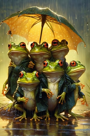 Hyper-detailed  painting, Jean-Baptiste Monge style, a gang of cute little frogs gathered in the rain  under an single black long raincoat, splash, glittering, cute and adorable, filigree, lights, fluffy, magic, surreal, fantasy, digital art, ultra hd, hyper-realistic illustration, vivid colors,  UHD, cinematic perfect light,greg rutkowski