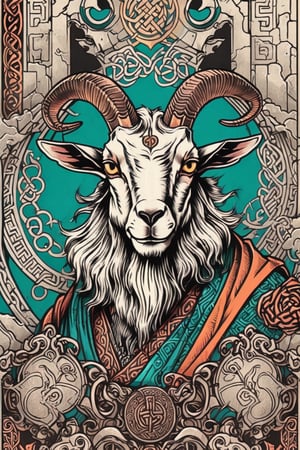GOAT ETAWA DETAILED LINE, Illustration style, print ready vector t-shirt design, SCARY goat etawa illustration, DIGITAL PAINTING, professional vector, high detail, t-shirt design, graffiti, bright COLORS, highly detailed, pen and ink bold drawing, perfect composition, beautiful detail , intricate, highly detailed, cartoon type, comic book, STEAMPUNK ART, SPLASH PAINT ART, celtic medieval art