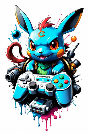 solo, white background, pokemon \(creature\), no humans, controller, game controller, game console, video game, game boy, DETAILED LINE, Illustration style, print ready vector t-shirt design, SCARY game controller, game console illustration, DIGITAL PAINTING, professional vector, high detail, t-shirt design, graffiti, bright COLORS, highly detailed, pen and ink bold drawing, perfect composition, beautiful detail , intricate, highly detailed, cartoon type, comic book, STEAMPUNK ART, SPLASH PAINT ART, celtic medieval art