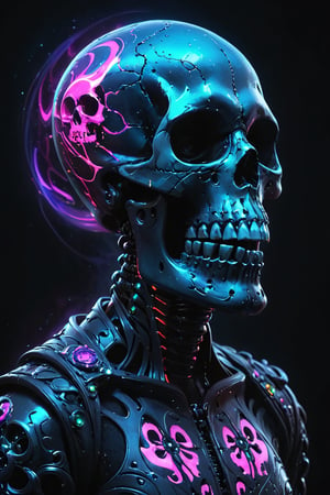 64k, painting, oil paint, (RAW), masterpiece, body is a symphony of neon lights against the darkness of space: a digital anime creation inspired by retro-futuristic design. This stunning image, likely a highly detailed digital painting, features a sinuous skull shape glowing with otherworldly colors. Each scale shimmered with a metallic luster, a stark contrast to the ink chamber that surrounded them. The intricate patterns on his skin seemed to pulse with unearthly energy, making it a captivating sight to behold. These works of art push the boundaries of imagination, truly bringing creatures from a futuristic world to life. highest resolution, 3D Render Style, 3DRenderAF