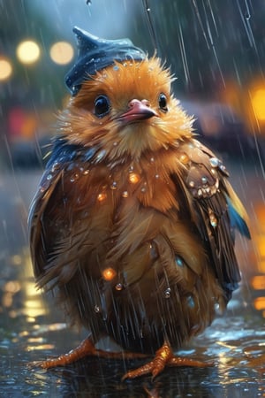 Hyper-detailed  painting, Jean-Baptiste Monge style, a gang of cute little birds gathered in the rain  under an single black long raincoat, splash, glittering, cute and adorable, filigree, lights, fluffy, magic, surreal, fantasy, digital art, ultra hd, hyper-realistic illustration, vivid colors,  UHD, cinematic perfect light,greg rutkowski